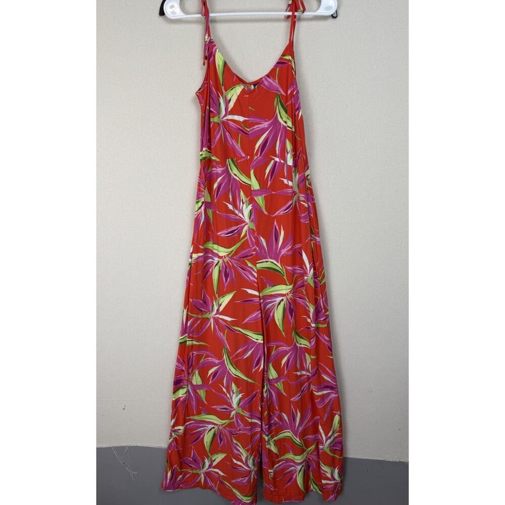 Old Navy Tropical Women's Jumpsuit M Tall Cropped Wide Legs Tie Shoulder Hawaii